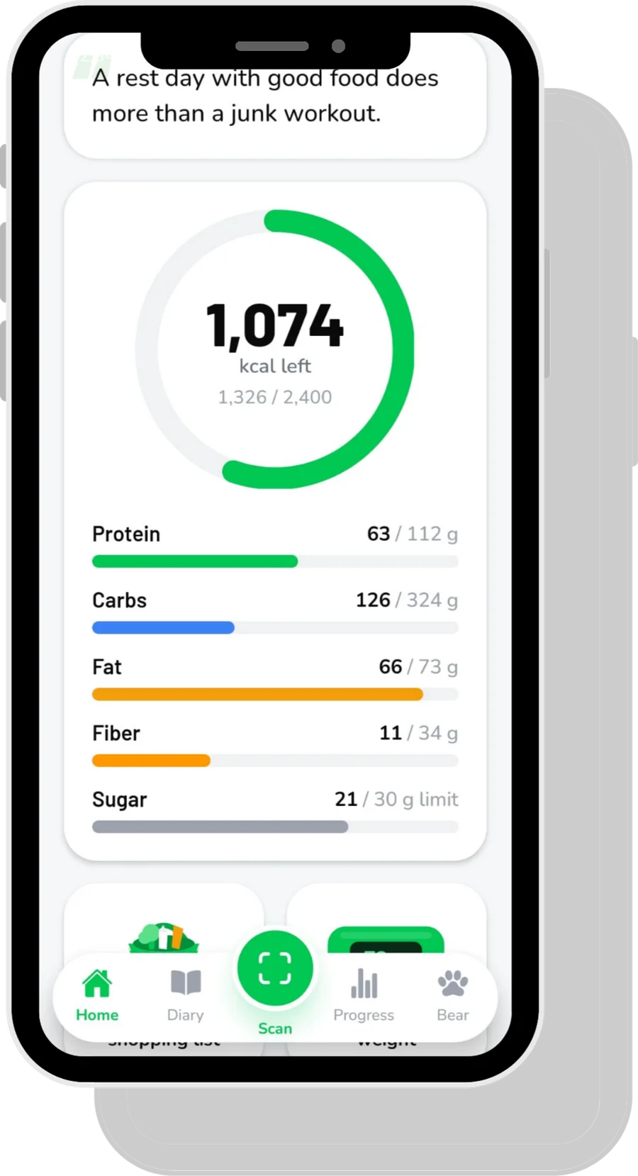 Bulky home screen: 1,074 kcal left of 2,400, with protein, carbs, fat, fiber and sugar progress bars.