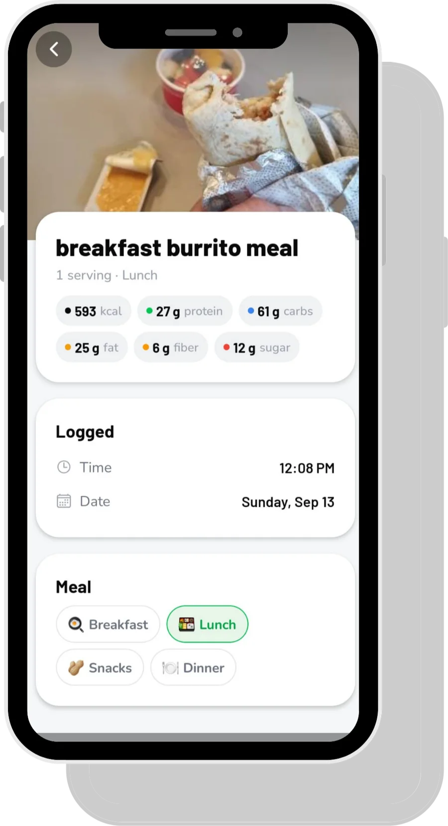 Bulky meal screen: a scanned breakfast burrito logged as lunch — 593 kcal, 27 g protein, 61 g carbs, 25 g fat, 6 g fiber, 12 g sugar.